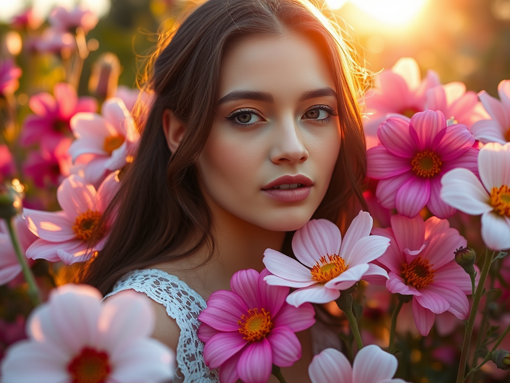 Create an ethereal portrait of a woman surrounded by vibrant flowers, soft golden sunlight filtering through, shot with a Canon EOS R5, 50mm f/1.2 lens, aperture at f/1.8, ISO 100, 1/250 sec shutter speed, under natural light to enhance colors and details.