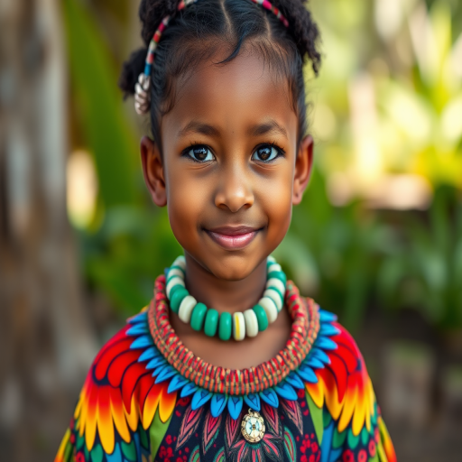 A beautiful Torres Strait Islander girl, wearing colorful bird clothing with vibrant colors