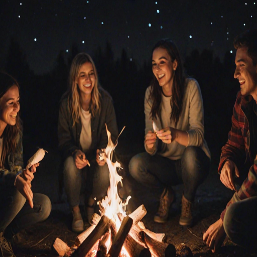 Blurry candid shot of a group of friends gathered around a campfire, roasting marshmallows and sharing stories, with soft flames illuminating their faces and a starry sky overhead.