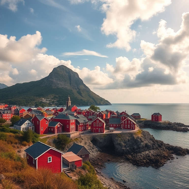 Regenerate a vibrant landscape of a coastal village with red houses near a majestic mountain, cloudy sky, sunny ambiance, use a DSLR camera with a 24mm lens, aperture f/8, ISO 100, shoot from a slightly elevated angle for depth, use HDR to enhance details in shadows and highlights.