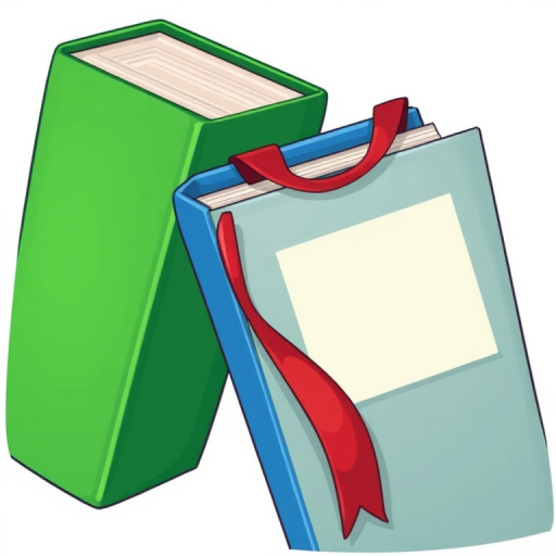 Create an illustration of two books, one green and one blue, with a red bookmark, using a DSLR camera with a 50mm lens, aperture set to f/2.8 for a shallow depth of field, shot from a slight overhead angle to improve visual interest and clarity.