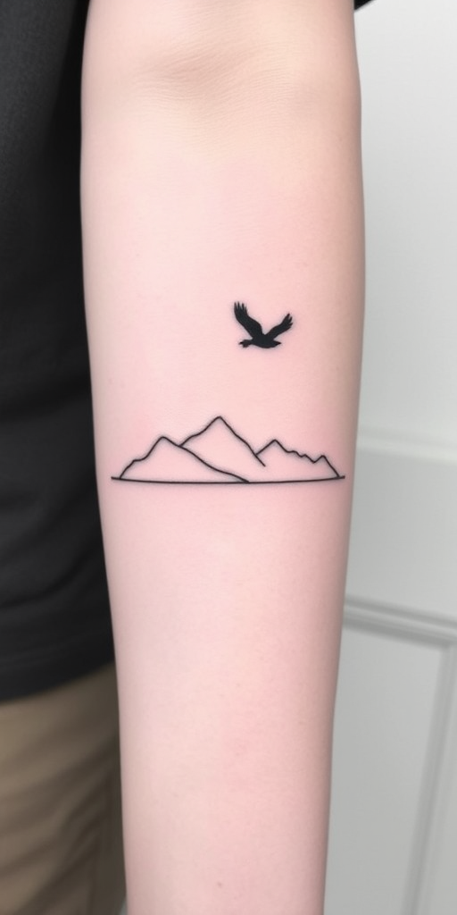 Minimalist single-line tattoo called "Infinite Journey" consisting of a continuous, unbroken line that forms the silhouette of a mountain range, bird in flight, and crashing wave, creating a fluid and elegant design that tells a story through simplicity