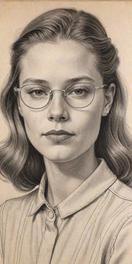 Radiant Maggie Rogers, pencil sketch, portrait of Graceful woman 1939s in glasses, hair style beatnik, outline, clear lines, fine lines, 8k