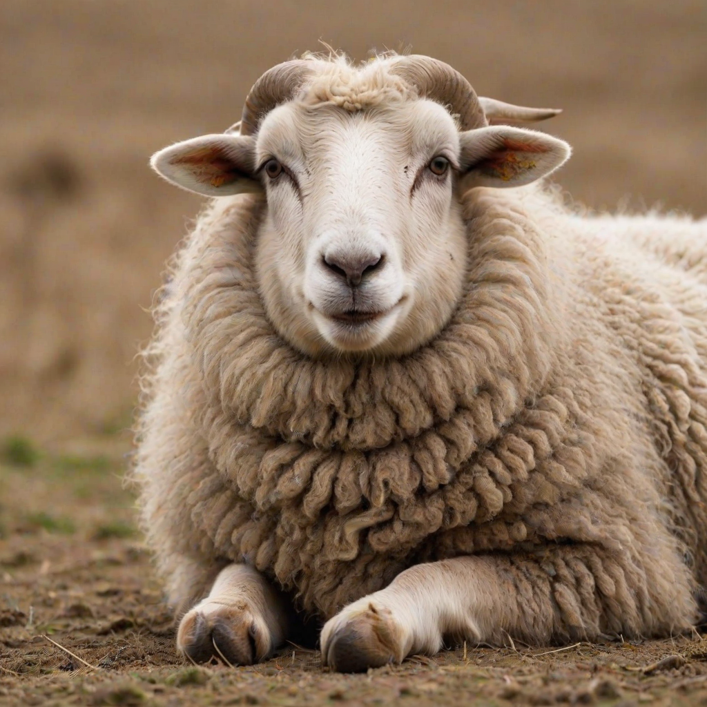 Generate an image of a relaxed sheep with a thick, fluffy brown coat, lying down against a neutral background. The sheep should have a calm expression, with its ears perked up slightly, capturing a peaceful and cozy atmosphere.