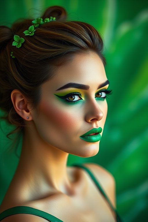 portrait of a woman with bold green makeup and hair accessory, abstract green background, soft focus, aperture f/1.8, ISO 100, 85mm lens, natural light, high-resolution DSLR