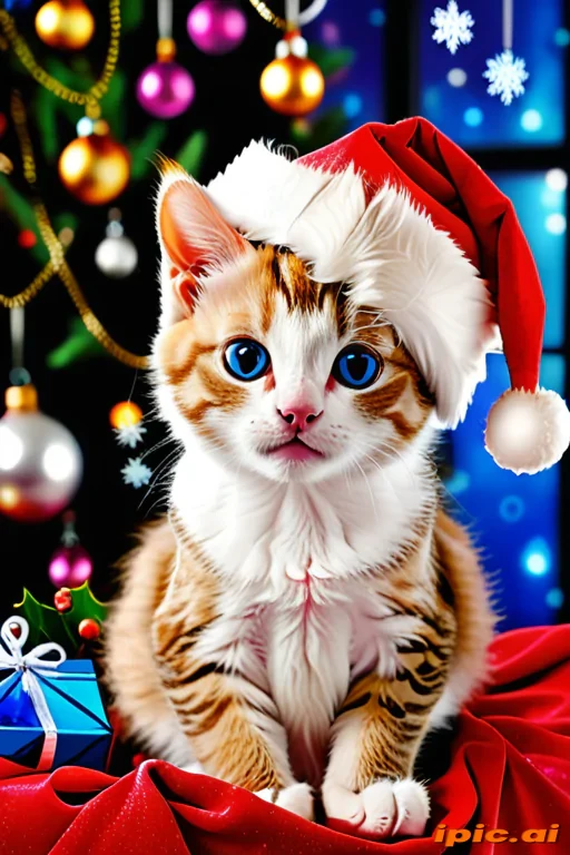Festive Feline: Adorable Cat in Santa Hat Surrounded by Holiday Decorations
