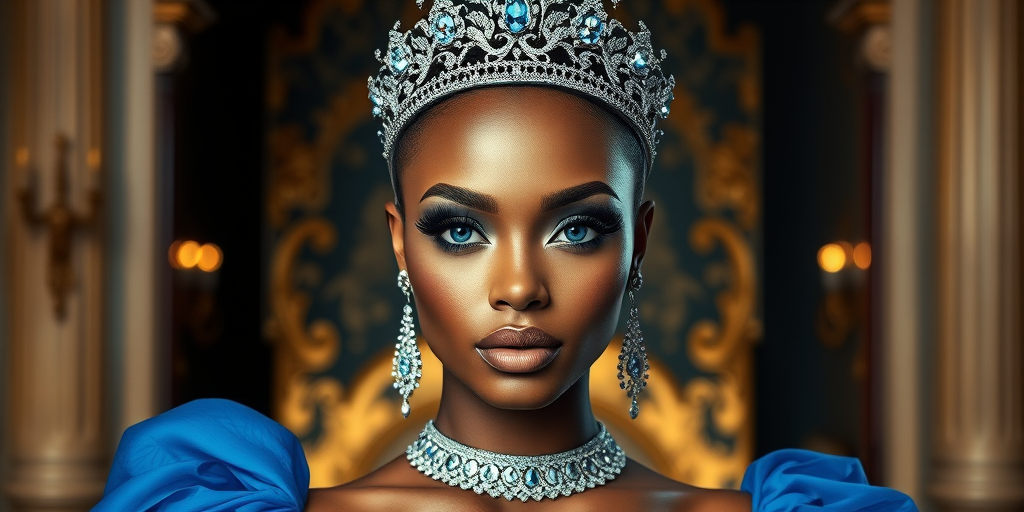 A gorgeous Zambo woman in a luxurious blue gown, accessorized with a dazzling tiara and statement earrings, her deep blue eyes highlighted by impeccable makeup, poised in a royal setting, photorealistic, 8K quality