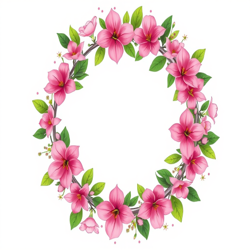 Create a detailed illustration of a circular floral wreath composed of pink flowers and green leaves with scattered small dots, using a high-resolution digital illustration style, captured with a Canon EOS R5 at f/4, ISO 100, 1/200 sec, in a soft natural light setting.