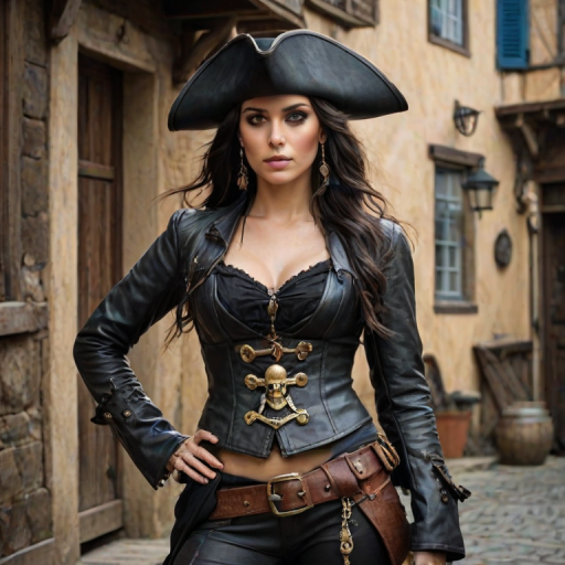 Create a portrait of a fierce female pirate. She wears a leather tricorn hat adorned with a skull and crossbones emblem, and her long, dark hair flows around her face. Her outfit consists of a richly detailed leather jacket, a corset, and multiple layers of belts and accessories, giving her a formidable and stylish appearance. She stands confidently in a dimly lit, historic port town, with a backdrop of weathered buildings and cobblestone streets, capturing the adventurous spirit of a pirate.