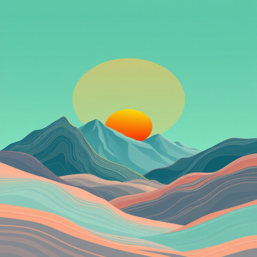Create a digital illustration of abstract mountains with flowing lines, featuring a large orange sun on a mint green sky background, using a Canon EOS R5 camera with a 50mm f/1.2 lens, aperture set to f/8, ISO 100, and a soft natural light style to enhance image quality.