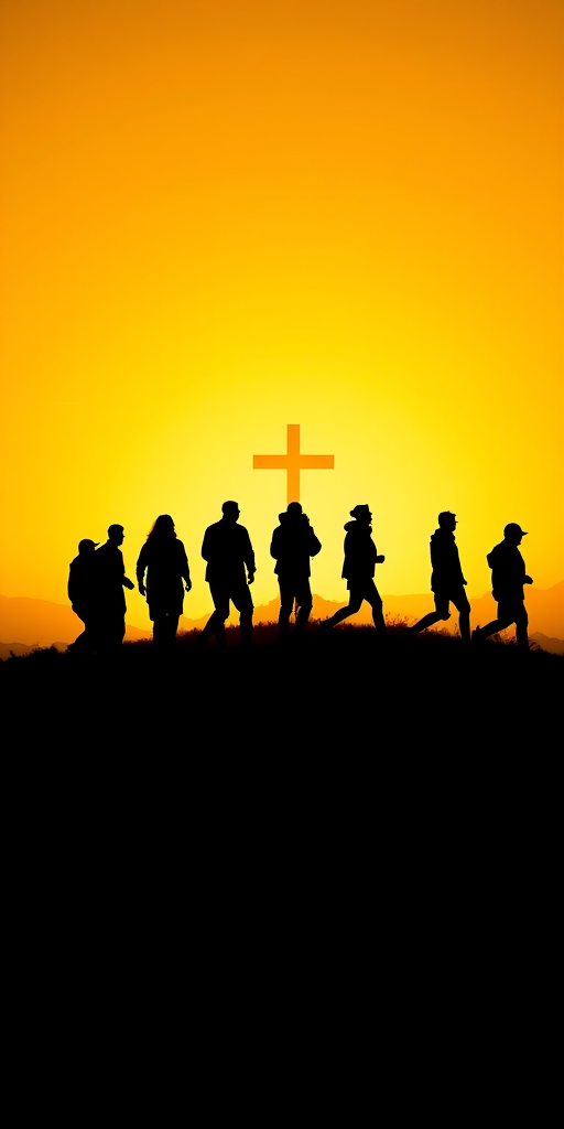 silhouettes of people walking on a hill against a vibrant yellow background with a cross, captured with a Canon EOS 5D Mark IV, ISO 100, f/8, 1/200s, wide-angle lens, soft focus style
