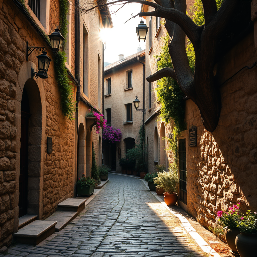 a narrow cobblestone alleyway surrounded by rustic stone buildings adorned with ivy and blooming flowers, softly lit by warm morning sunlight streaming through, a large gnarled tree on one side, a vintage lantern hanging above, photorealistic style, shot with a Canon EOS R5, 35mm lens, f/8 aperture, ISO 100, 1/200s shutter speed, with focus on the foreground details and soft bokeh in the background