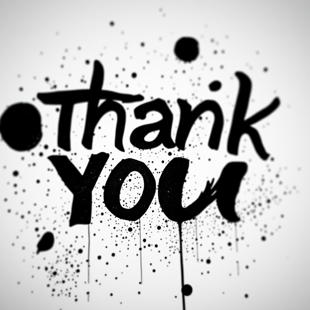 Create an abstract black and white image with the words Thank You in bold, high contrast, surrounded by dynamic splatter effects, shot with a DSLR camera at f/1.8, ISO 100, 50mm lens, capturing a close-up view with a shallow depth of field for enhanced clarity and detail.