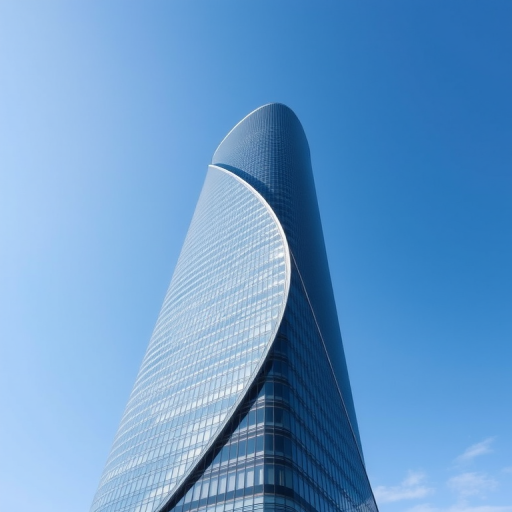 Capture a modern skyscraper with a unique twisting design against a clear blue sky, use a wide-angle lens at f/8, ISO 100, and a shutter speed of 1/250 seconds, shooting from a low angle to emphasize the height and architectural details.
