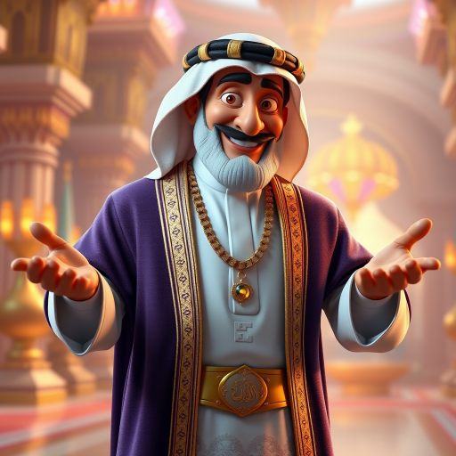 Create a 3D rendering of a wealthy Arab male sheikh from Dubai, inspired by the Disney animation style. The sheikh must have a smile and a playful but wise character. Place your character in an atmosphere of wealth and luxury. The image must be in high resolution format. Dynamic pose above the waist, gesturing with hands (Pixar Art style)++ highly detailed digital painting, art stations, concept art, soft focus, hard focus, illustrations. cinematic, visual effects, HDR, Unreal Engine 5, ray tracing, soft light, 8k, high detail, sparkling backlighting, luxury gem, game art, 3d, cartoon, colorful, magical, mysterious