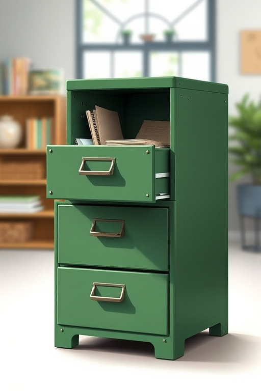 create a highly detailed illustration of a vintage green filing cabinet with an open top drawer revealing documents inside, shot in high resolution with a 50mm lens at f/2.8, using a shallow depth of field to blur the background, in a well-lit studio setting with soft, diffused lighting