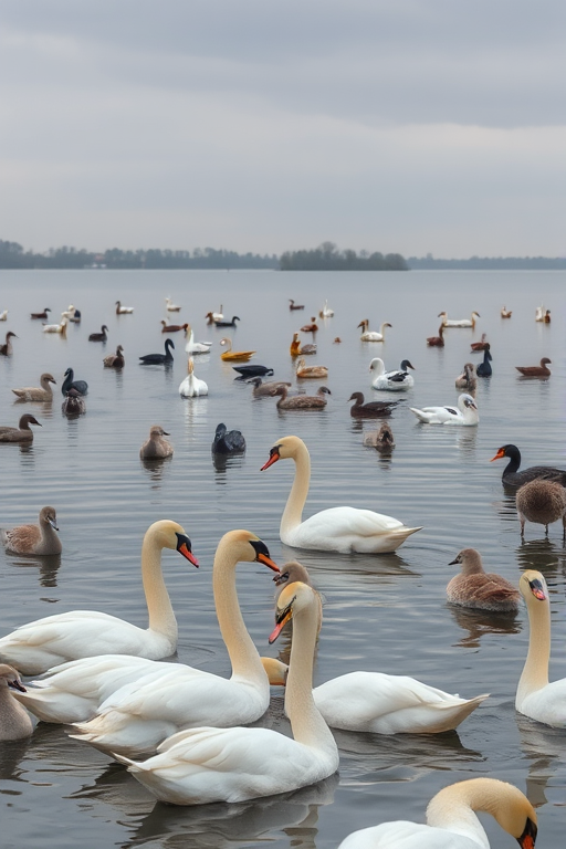 A serene lake scene with swans interacting in the foreground, surrounded by various waterfowl, overcast sky, soft natural lighting, 24mm lens, f/5.6 aperture, ISO 200, shutter speed 1/250 sec, taken with a DSLR camera for high image clarity and detail.