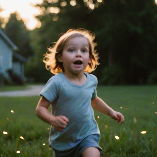 Blurry, candid photo of a child chasing fireflies in a backyard at dusk, soft glow from the bugs illuminating their face, distant trees silhouetted against the sky, and the sound of distant crickets filling the air.
