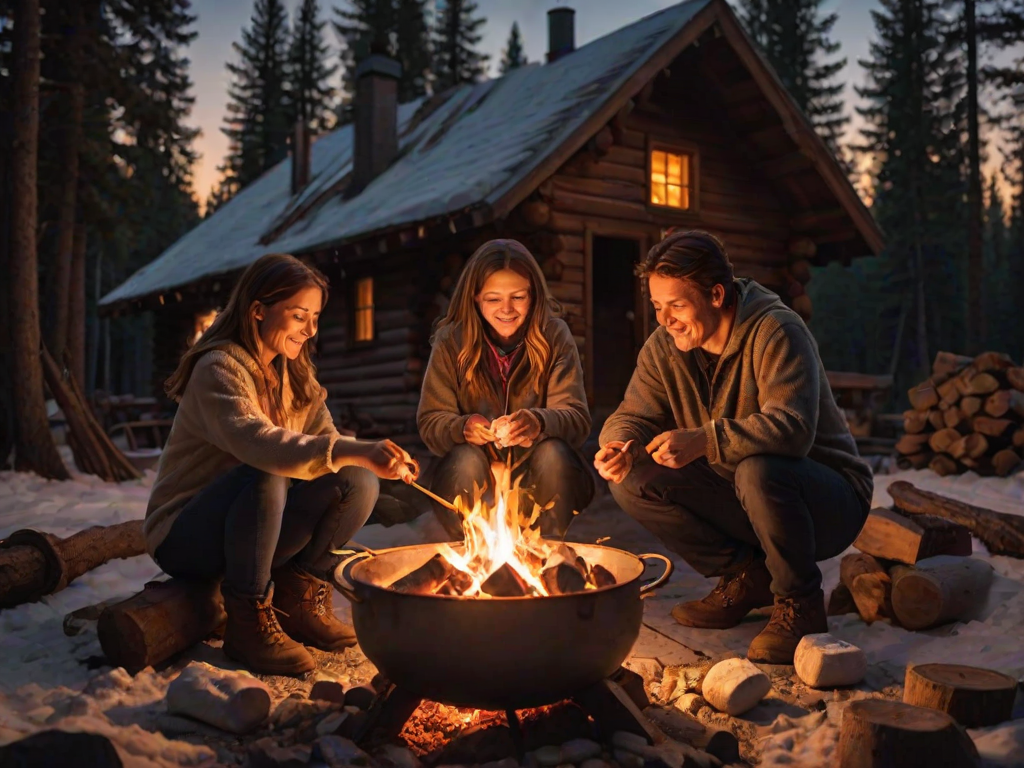 Warm, intimate image of a family roasting marshmallows by a crackling fire in a cozy cabin, soft glow from the flames casting warm shadows on their faces, with distant stars twinkling overhead.