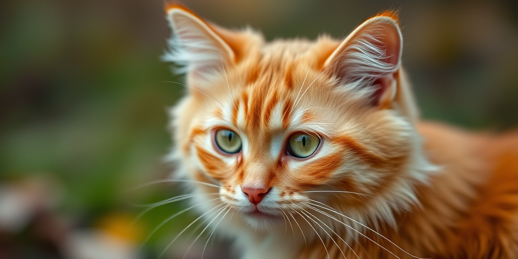 Capture a close-up shot of a fluffy ginger cat with captivating green eyes, set against a blurred natural background, using a DSLR camera, 85mm lens, f/2.8 aperture, ISO 200, and a shallow depth of field to enhance the subject clarity and detail.