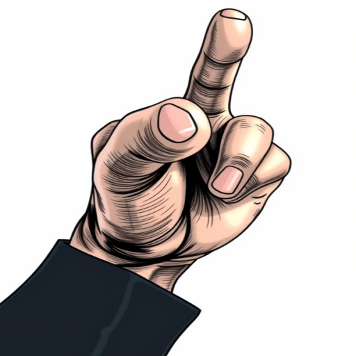 Create a detailed illustration of a pointing human hand, emphasizing the fingers and palm structure, using a DSLR camera with a 50mm lens, aperture set to f/2.8 for a shallow depth of field, shot from a slight top-down angle to highlight the contours and textures of the hand.