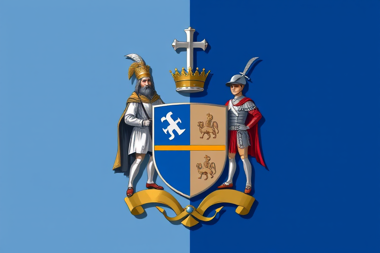 Create a high-resolution illustration of a coat of arms featuring a saint with a sword on the left side and a soldier with a sword on the right side, set against a divided blue and gray background, using a DSLR camera with a 50mm lens, aperture set to f/8 for sharp depth of field, 1/125 shutter speed, ISO 100, shot in natural light to enhance colors and details.