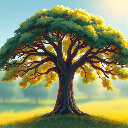 Create a vibrant, artistic illustration of a tree with a thick trunk and a wide, bushy canopy, capturing detailed textures and colors, using a digital illustration style with high resolution, simulating a DSLR camera effect at f/2.8, ISO 100, and a focal length of 50mm, with a soft focus background to enhance the foreground features of the tree.