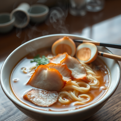 Sharp, detailed photo of a fresh bowl of ramen, steam rising from the broth, soft light reflecting off the noodles, slices of pork and soft-boiled eggs arranged on top, chopsticks resting on the edge of the bowl, the smell of savory broth filling the air.