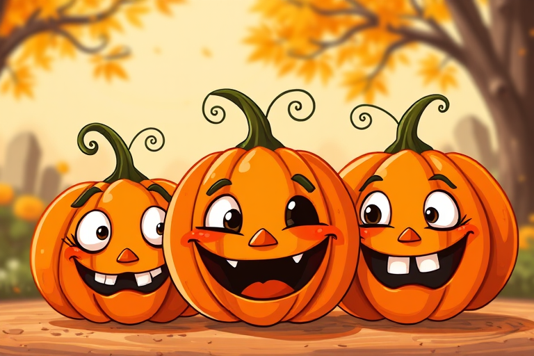 Create an illustration of three cartoonish pumpkins with expressive faces and exaggerated features, featuring vibrant orange colors, a playful atmosphere, and whimsical details; use a Canon EOS R5 with an 85mm f/1.2 lens, aperture set to f/2.8, a shallow depth of field, and a soft focus background for enhanced image quality.