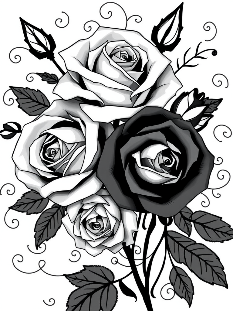 Create a high-resolution illustration of stylized black and white roses with intricate swirling vines and leaves, captured with a DSLR camera at f/2.8 aperture, ISO 100, 50mm lens, using macro photography for enhanced detail and clarity.