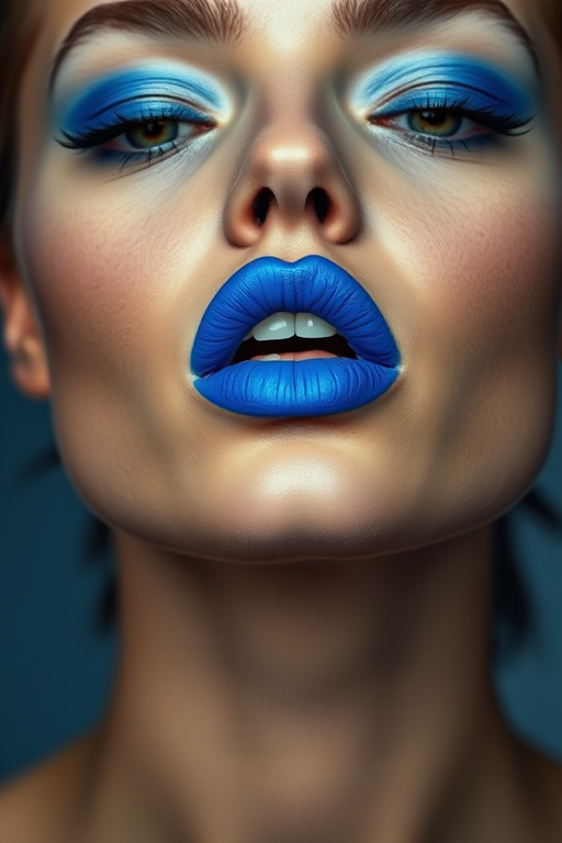 Daring woman lips painted in electric blue matte lipstick, full face image portraying avant-garde style and fearless self-expression
