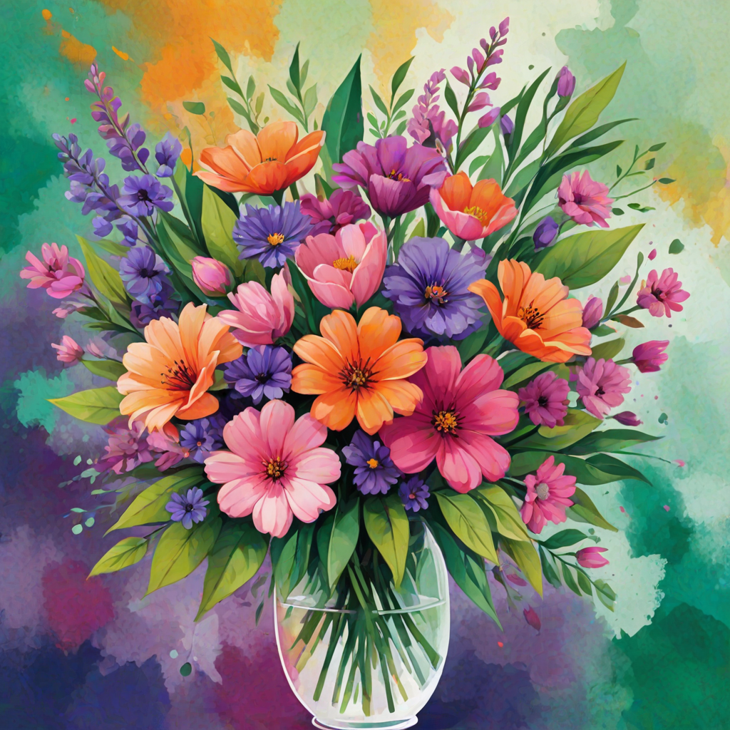 Create an illustration of a colorful bouquet featuring pink, purple, and orange flowers with green leaves and a bright abstract background.