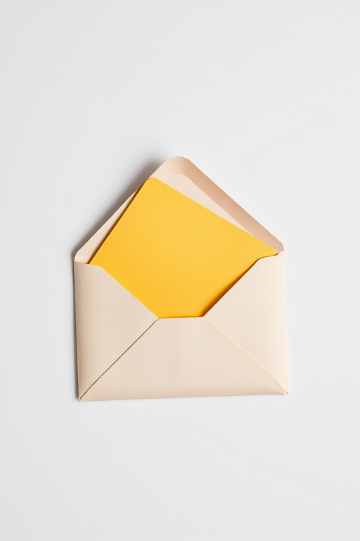Create a high-resolution image of an envelope with a yellow letter inside, using a 50mm lens at f/2.8, ISO 100, in a flat lay style with soft, diffused lighting to enhance colors and contrast.