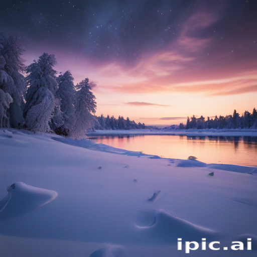 Serene Winter Landscape at Dusk with Snow-Covered Trees and River