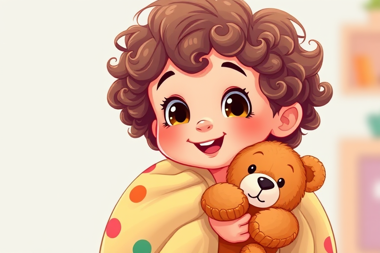 Create a cartoon image of a child with curly hair holding a teddy bear and a blanket, bright colors and playful style, use a DSLR camera with a 50mm lens, aperture f/2.8, ISO 100, focus on the child, vibrant and high contrast.