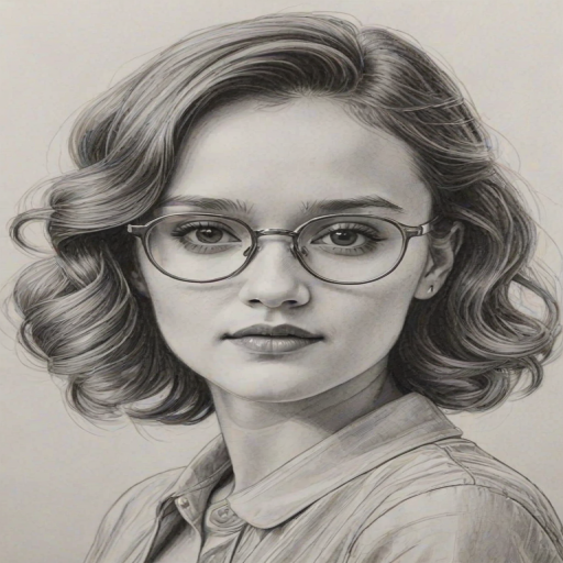 Enchanting Olivia Cooke, pencil sketch, portrait of Graceful woman 1935s in glasses, hair style beatnik, outline, clear lines, fine lines, 8k