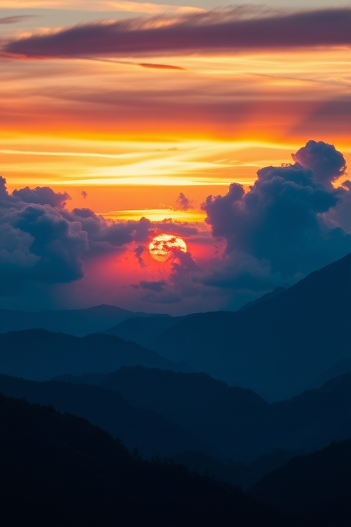 Create a high-quality image of a sunset over mountains with dramatic clouds, using a DSLR camera at f/8 aperture, ISO 100, shutter speed 1/200s, shot from a low angle with a wide-angle lens at 24mm.