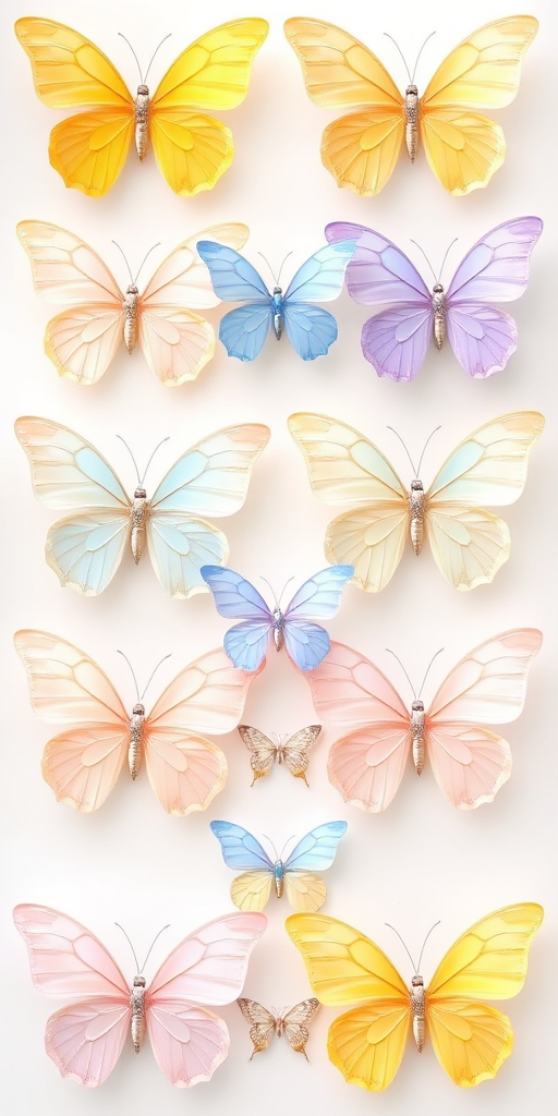 Create an image of a grid featuring 12 butterflies arranged in four rows and three columns. The butterflies should have various soft pastel colors, including yellow, light blue, lavender, and pale pink. Each butterfly should have delicate wings with subtle gradients and intricate details, showcasing a harmonious and visually pleasing design.