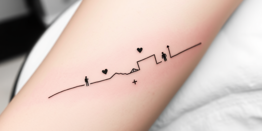 Minimalist line art tattoo named "Whispered Secrets" consisting of delicate continuous lines forming subtle silhouettes and hidden symbols in a soft gray ink for a subtle elegant look