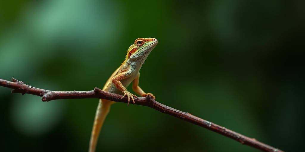 lizard perched on a branch with a blurred green background, taken with a Canon EOS 5D Mark IV, f/2.8 aperture, ISO 400, 1/250s shutter speed, using a macro lens for enhanced detail and depth of field.