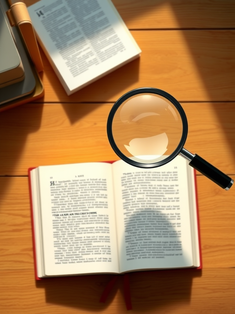 Create a high-resolution vector illustration of a magnifying glass over an open book on a wooden table with soft, even lighting, using a 50mm lens at f/2.8, ISO 200, shot from a top-down angle with a DSLR camera for enhanced clarity and detail.