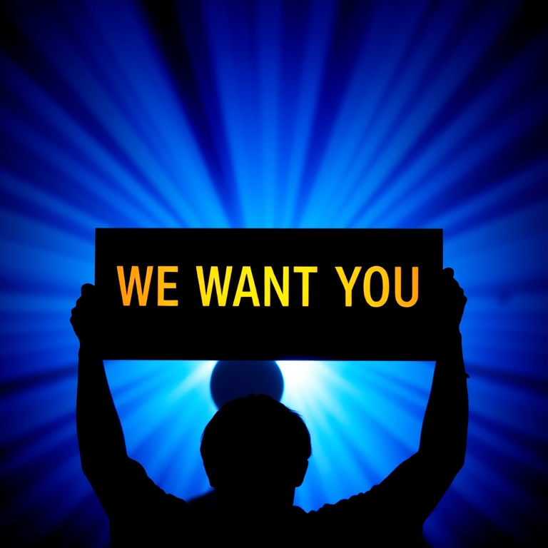 Create an image of a silhouette of a person holding a sign that says "WE WANT YOU" in bold gold letters, with a radiant blue background, shot with a DSLR camera at f/2.8 aperture, ISO 100, 50mm lens, using a high dynamic range technique for enhanced quality.