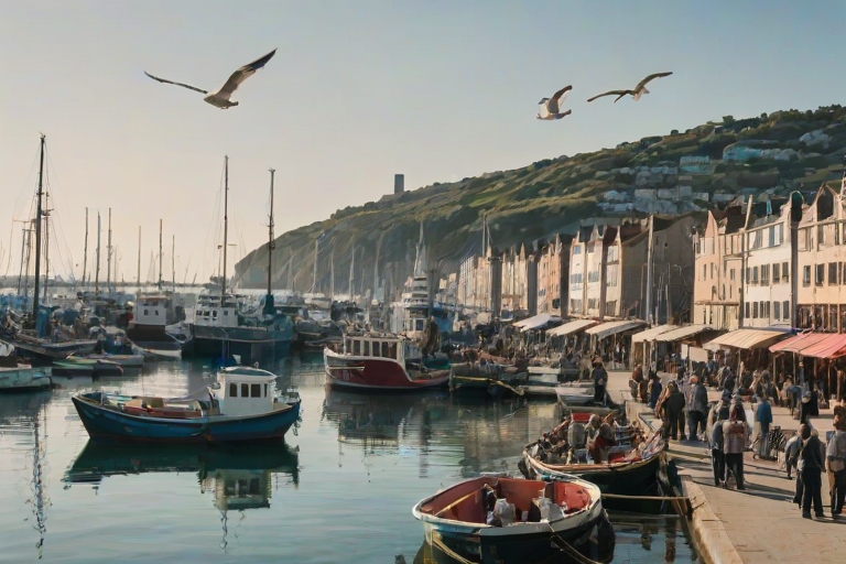 Bustling port during a sunny day, fishermen unloading their catches, colorful boats bobbing in the water, and seagulls flying overhead, creating a lively atmosphere.