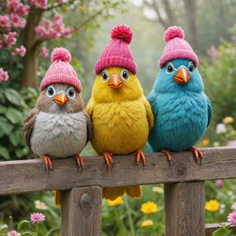 create a scene of 4 quirky  whimsical colourful comical birds each with a funny expression. they are sat on a wooden fence with colourful flowers. they are all different sizes. each one is a different colour  one is wearing a woolly hat. Each one has a different quirky google expression and there is a muted background of trees watercolour paintierly style high definition 8k resolution 3D paper mache