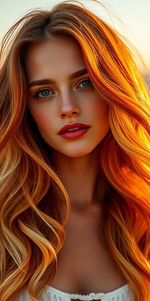 Stunning portrait of a woman with Sunset Ombre hair, flowing from deep orange to pale yellow, styled in loose beach waves cascading over her shoulders, reflecting golden hour light
