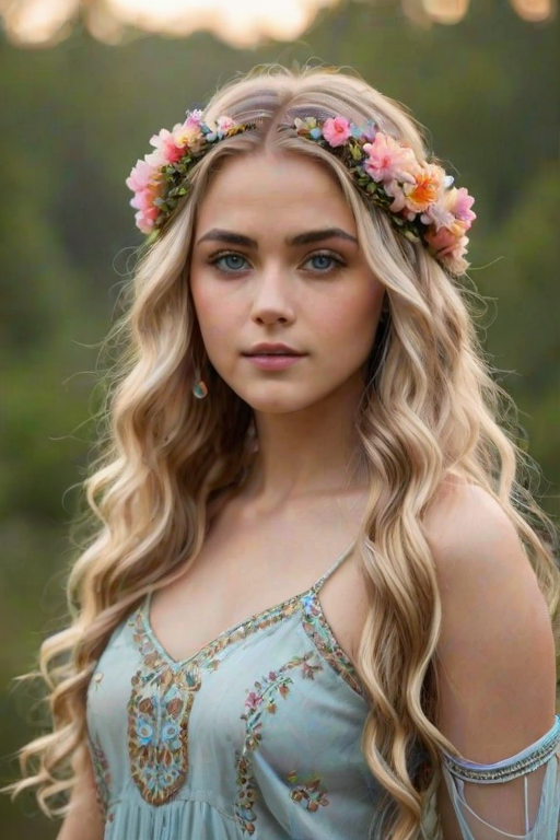 Create an image of a young Indian woman with long, wavy blonde hair, adorned with small, colorful flowers woven into her braids and loose strands. Her complexion is fair, with soft, glowing skin, and she has light blue eyes that gaze softly at the viewer. She wears a light, flowing dress with a gentle, ethereal quality, complementing her delicate and serene appearance. The background is slightly blurred, drawing focus to her tranquil expression and the intricate details of the flowers in her hair. The overall mood of the image is one of natural beauty and grace, evoking a sense of peacefulness and connection with nature.