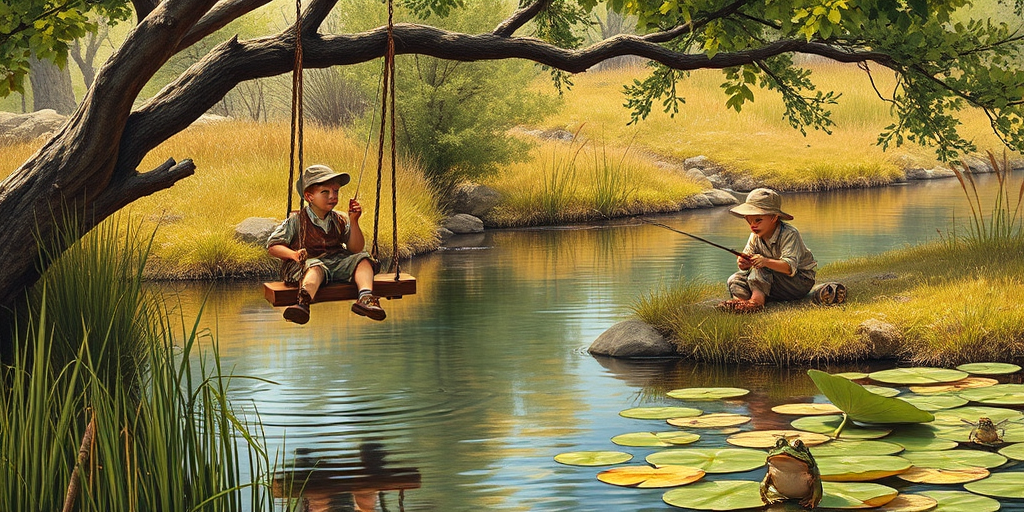 Imagine a small group of old fashioned young boys out fishing by the creek, a swing hanging from a tree branch, reeds and grasses by the water's edge, a frog sitting on a lily pad, dragonflies hovering over som water plans, a very iconic old fashioned scene reminiscent of a Norman Rockwell painting style