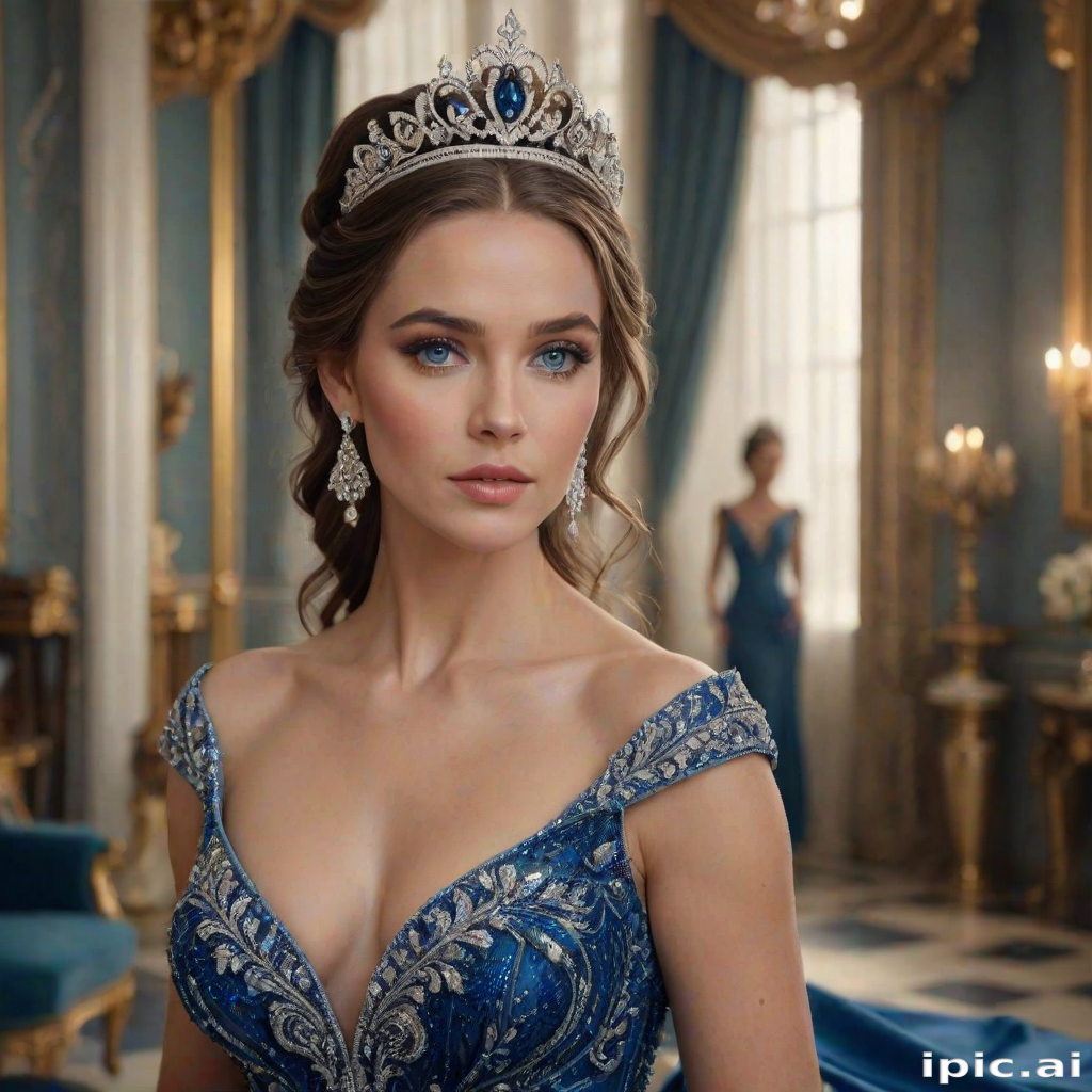 A gorgeous woman in a luxurious blue gown, accessorized with a dazzling tiara and statement earrings, her deep blue eyes highlighted by impeccable makeup, poised in a royal setting, photorealistic, 8K quality