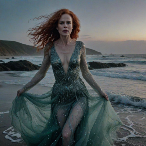 Bewitching image of Nicole Kidman, Big Little Lies star, with her porcelain skin and cascading red curls, emerging from misty waves in a sheer, iridescent gown, on a moonlit beach dotted with bioluminescent algae