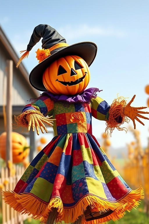 Create a vibrant digital illustration of a scarecrow with a pumpkin head wearing a witch's hat, dancing joyfully in a colorful patchwork dress, captured with a DSLR camera at f/2.8, 50mm focal length, in bright daylight, emphasizing vivid colors and sharp details.